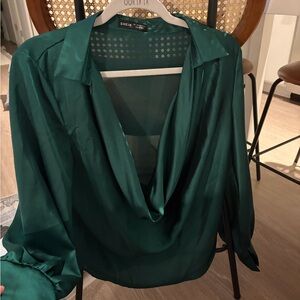 SHEIN Emerald Green Satin Cowl Neck Blouse